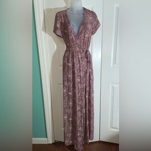 VICI summer Wrap Around Dress Short Sleeve S Long Maxi Burgundy AA17
